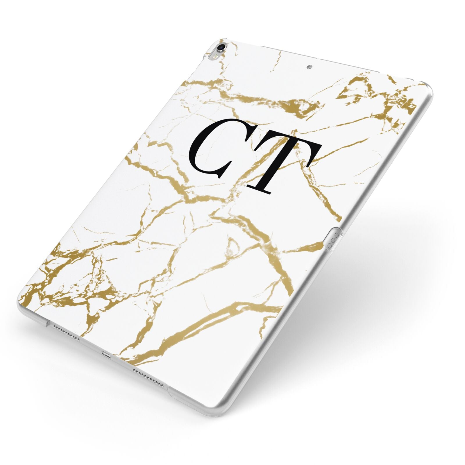 Personalised Gold Veins White Marble Monogram Apple iPad Case on Silver iPad Side View