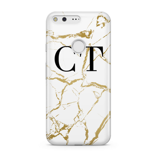 Personalised Gold Veins White Marble Monogram Google Pixel Case