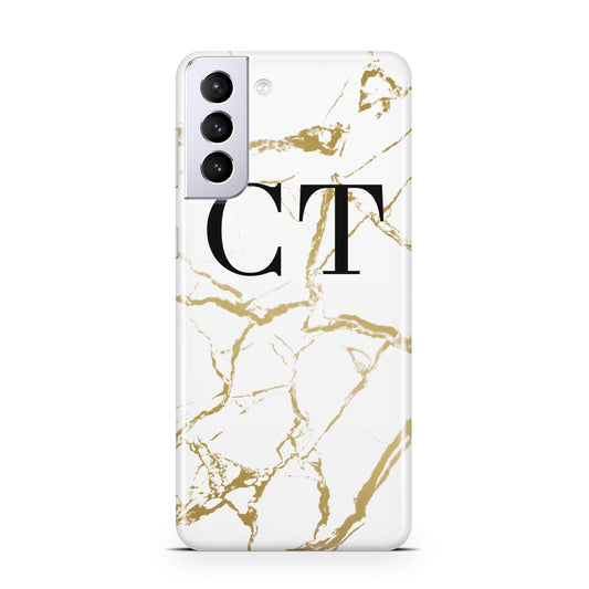 Personalised Gold Veins White Marble Monogram Samsung S21 Plus Phone Case