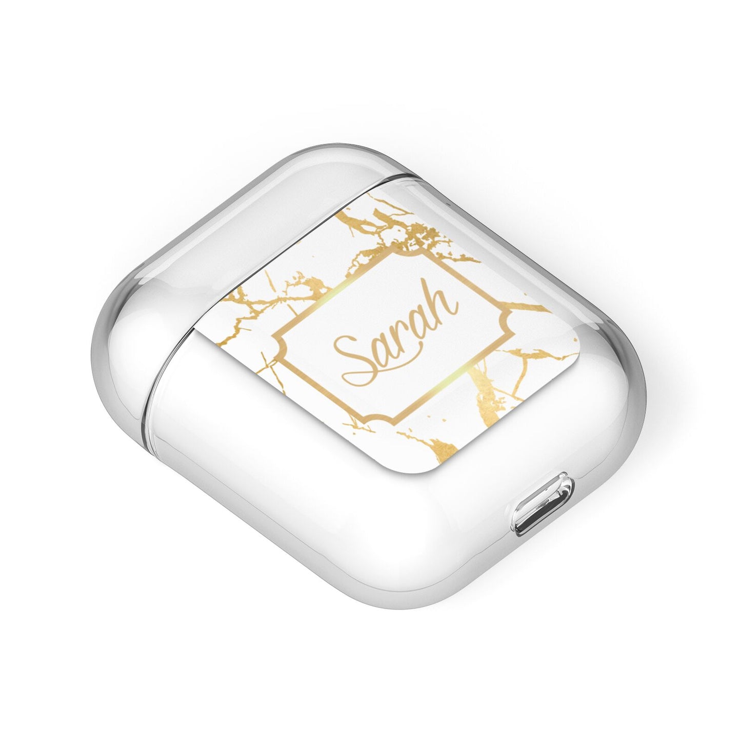 Personalised Gold White Marble Name AirPods Case Laid Flat