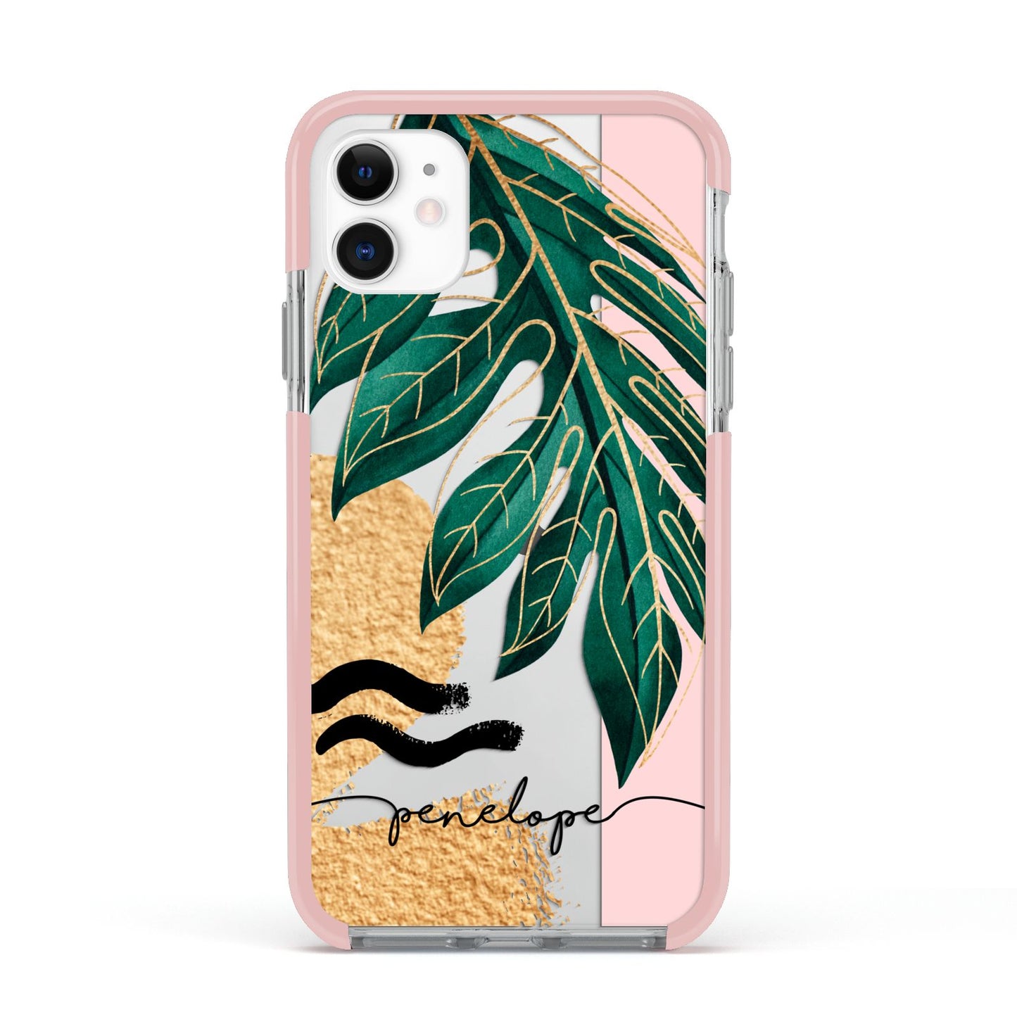 Personalised Golden Tropics Apple iPhone 11 in White with Pink Impact Case