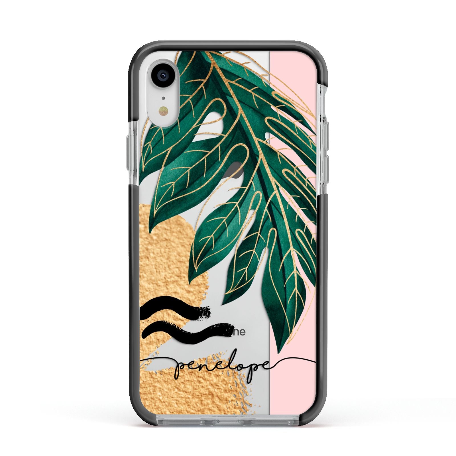 Personalised Golden Tropics Apple iPhone XR Impact Case Black Edge on Silver Phone