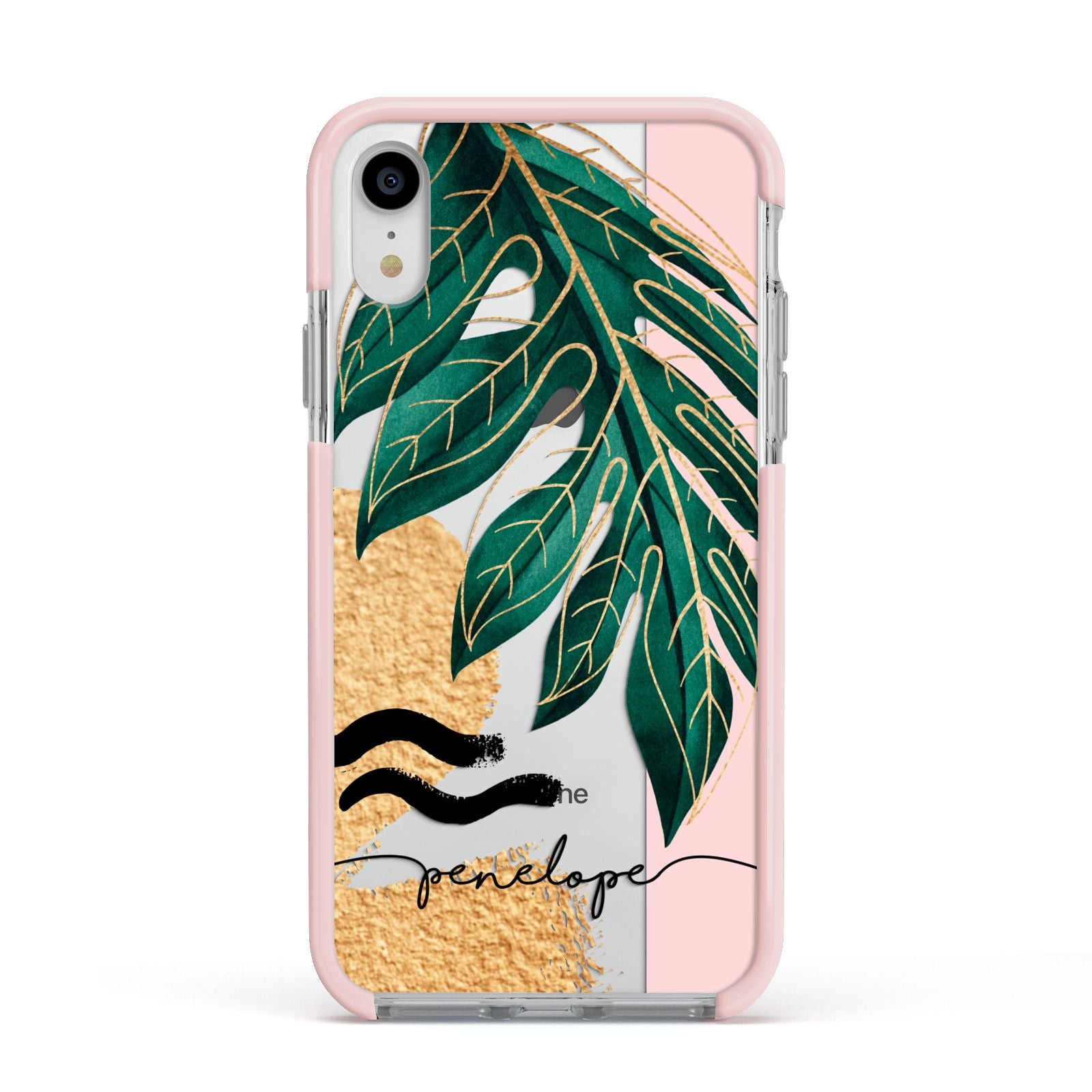 Personalised Golden Tropics Apple iPhone XR Impact Case Pink Edge on Silver Phone