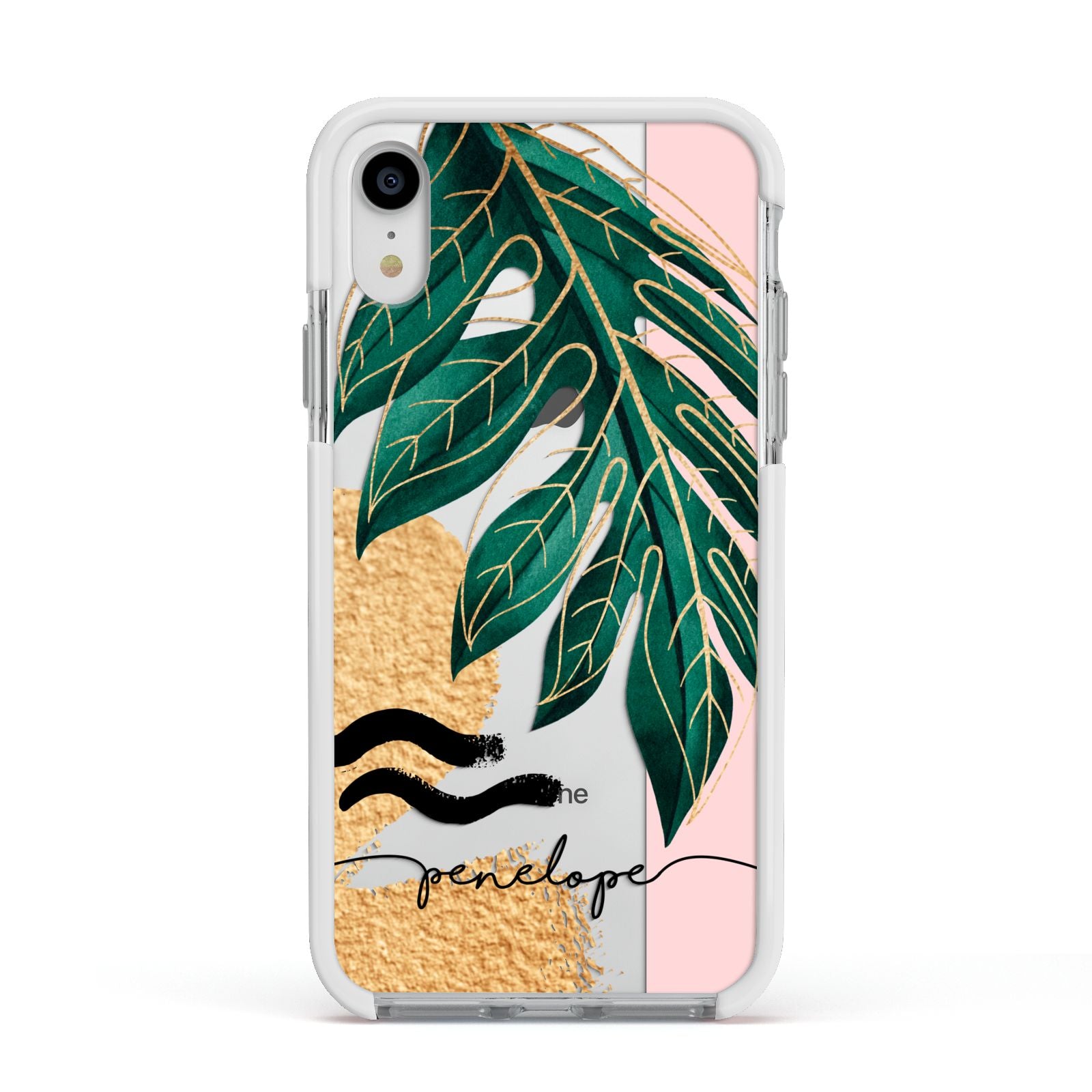Personalised Golden Tropics Apple iPhone XR Impact Case White Edge on Silver Phone