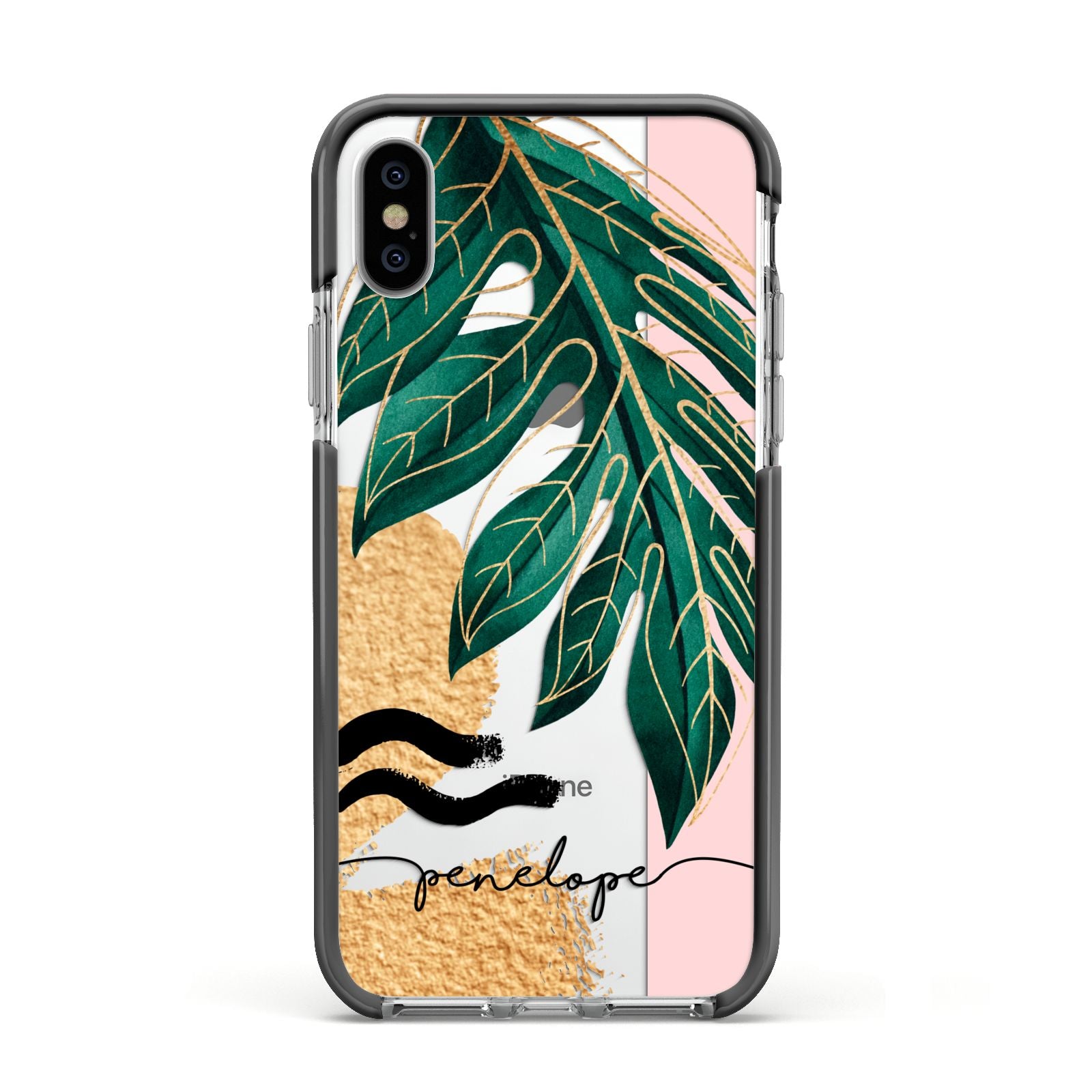 Personalised Golden Tropics Apple iPhone Xs Impact Case Black Edge on Silver Phone