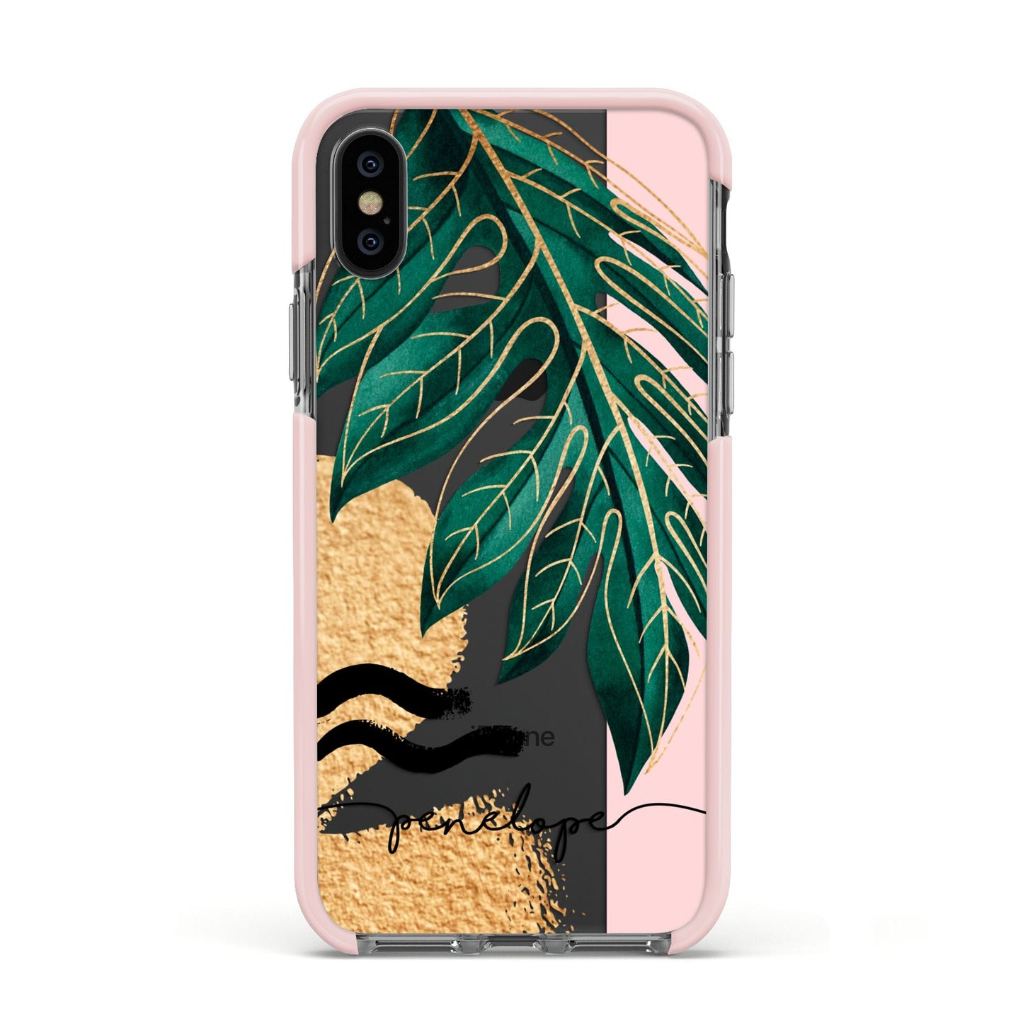 Personalised Golden Tropics Apple iPhone Xs Impact Case Pink Edge on Black Phone