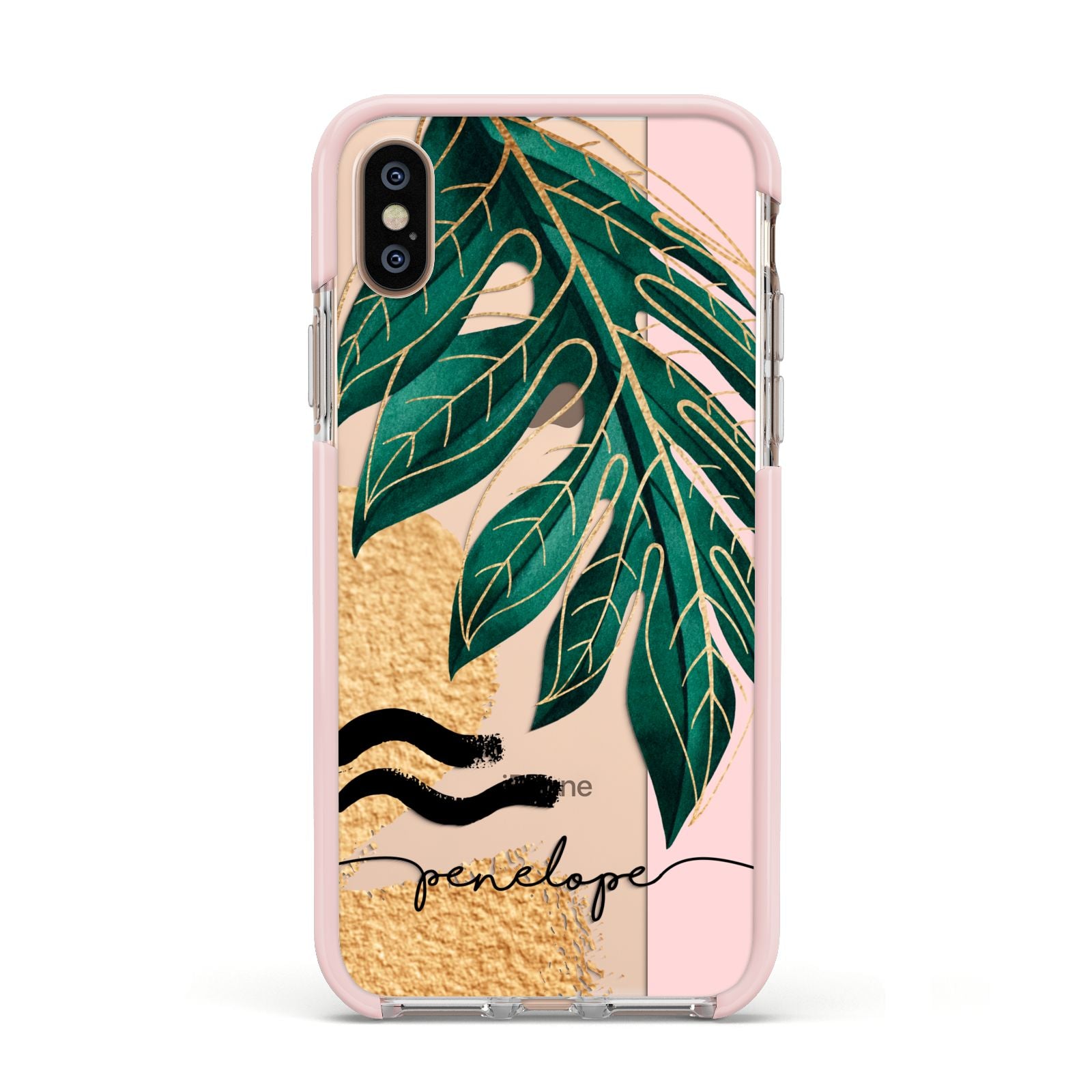 Personalised Golden Tropics Apple iPhone Xs Impact Case Pink Edge on Gold Phone