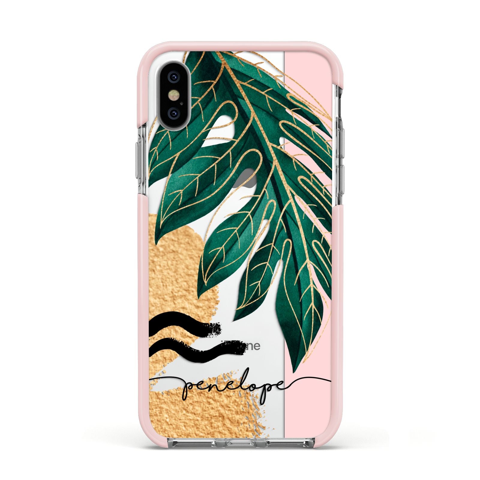 Personalised Golden Tropics Apple iPhone Xs Impact Case Pink Edge on Silver Phone