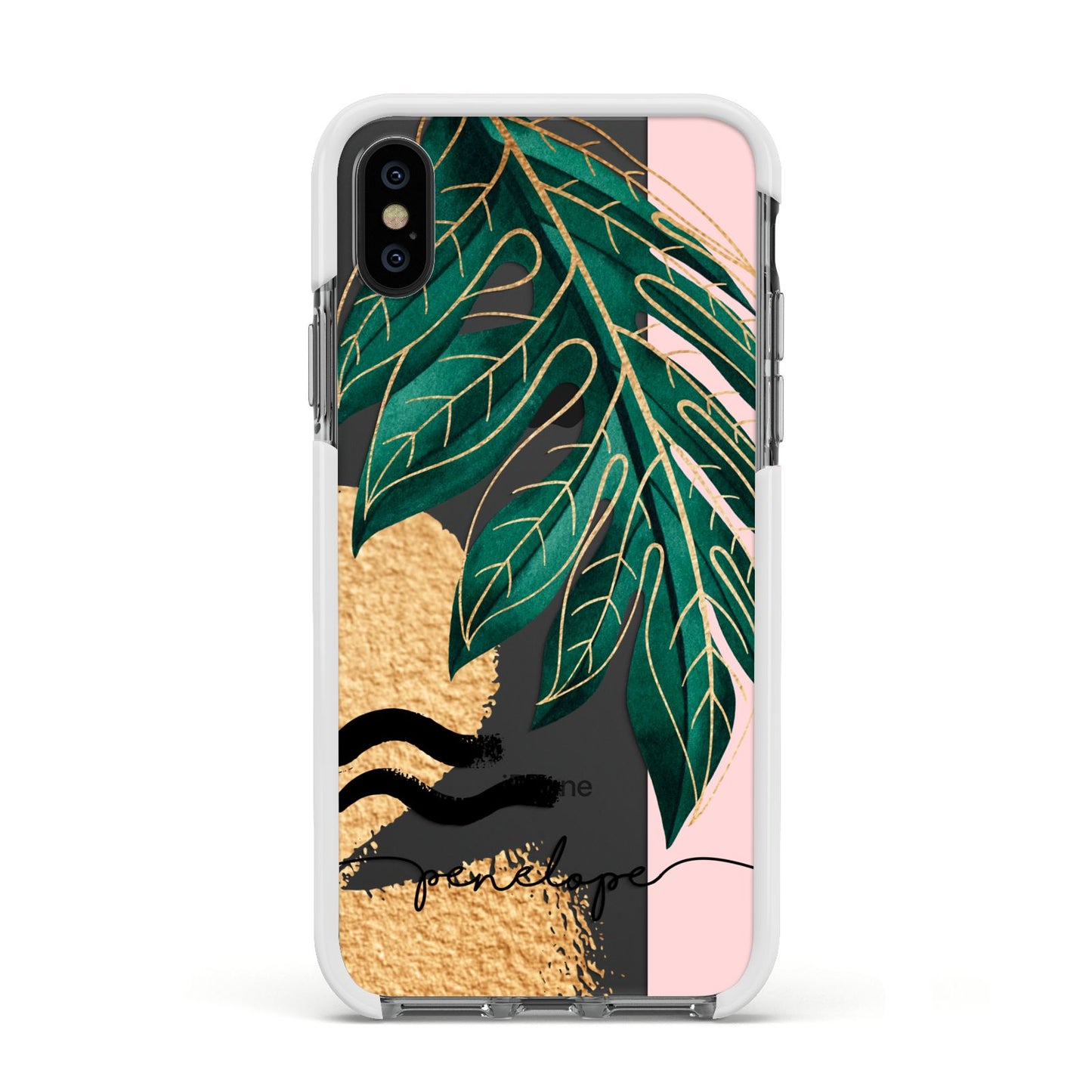 Personalised Golden Tropics Apple iPhone Xs Impact Case White Edge on Black Phone