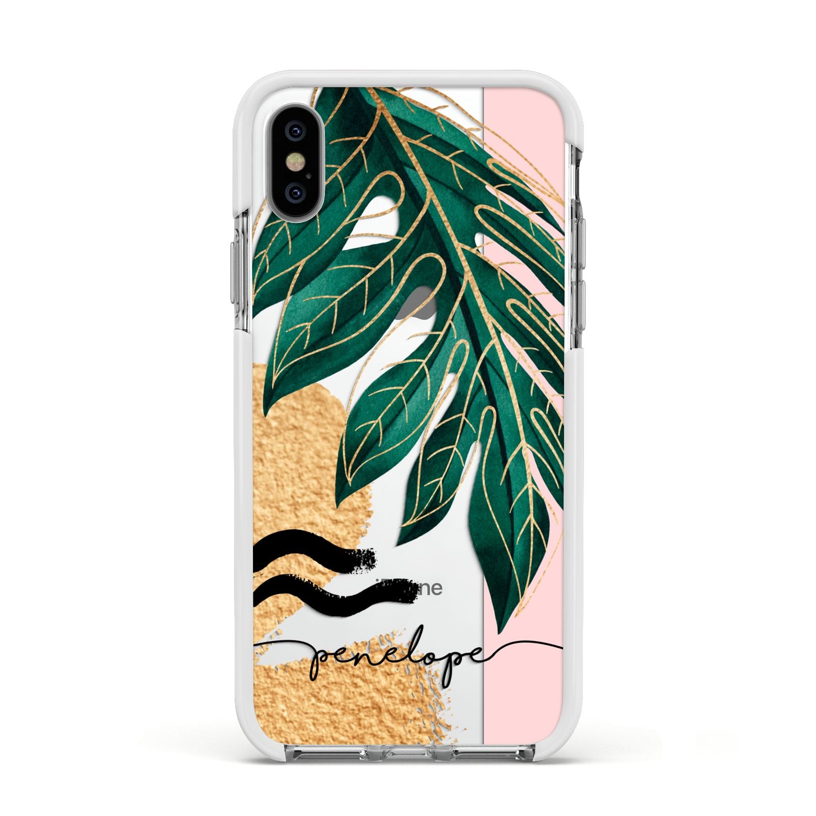 Personalised Golden Tropics Apple iPhone Xs Impact Case White Edge on Silver Phone