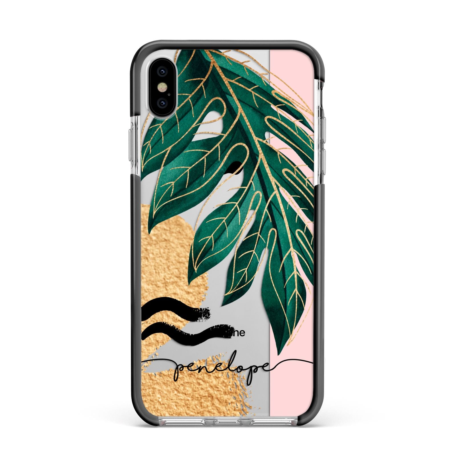 Personalised Golden Tropics Apple iPhone Xs Max Impact Case Black Edge on Silver Phone