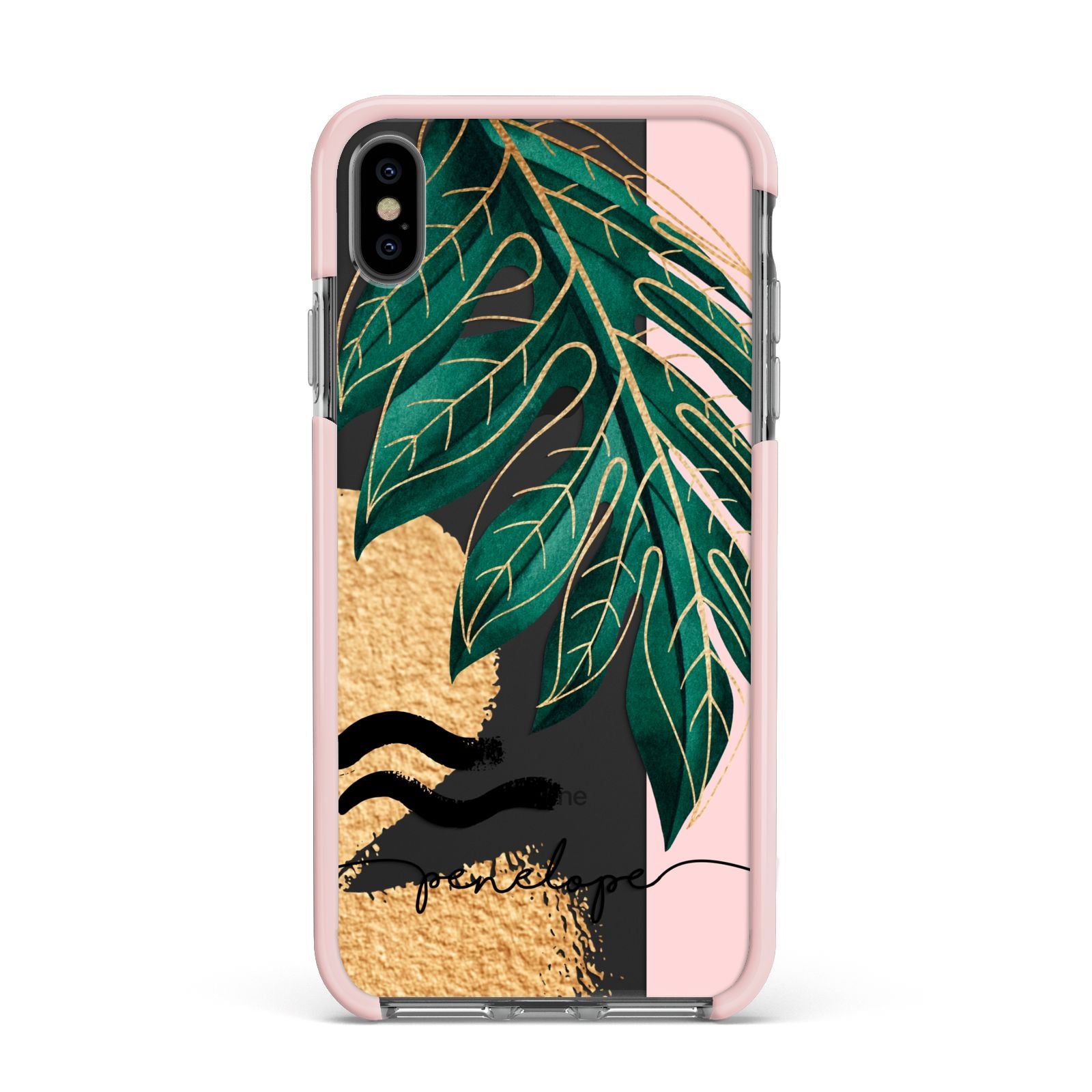 Personalised Golden Tropics Apple iPhone Xs Max Impact Case Pink Edge on Black Phone