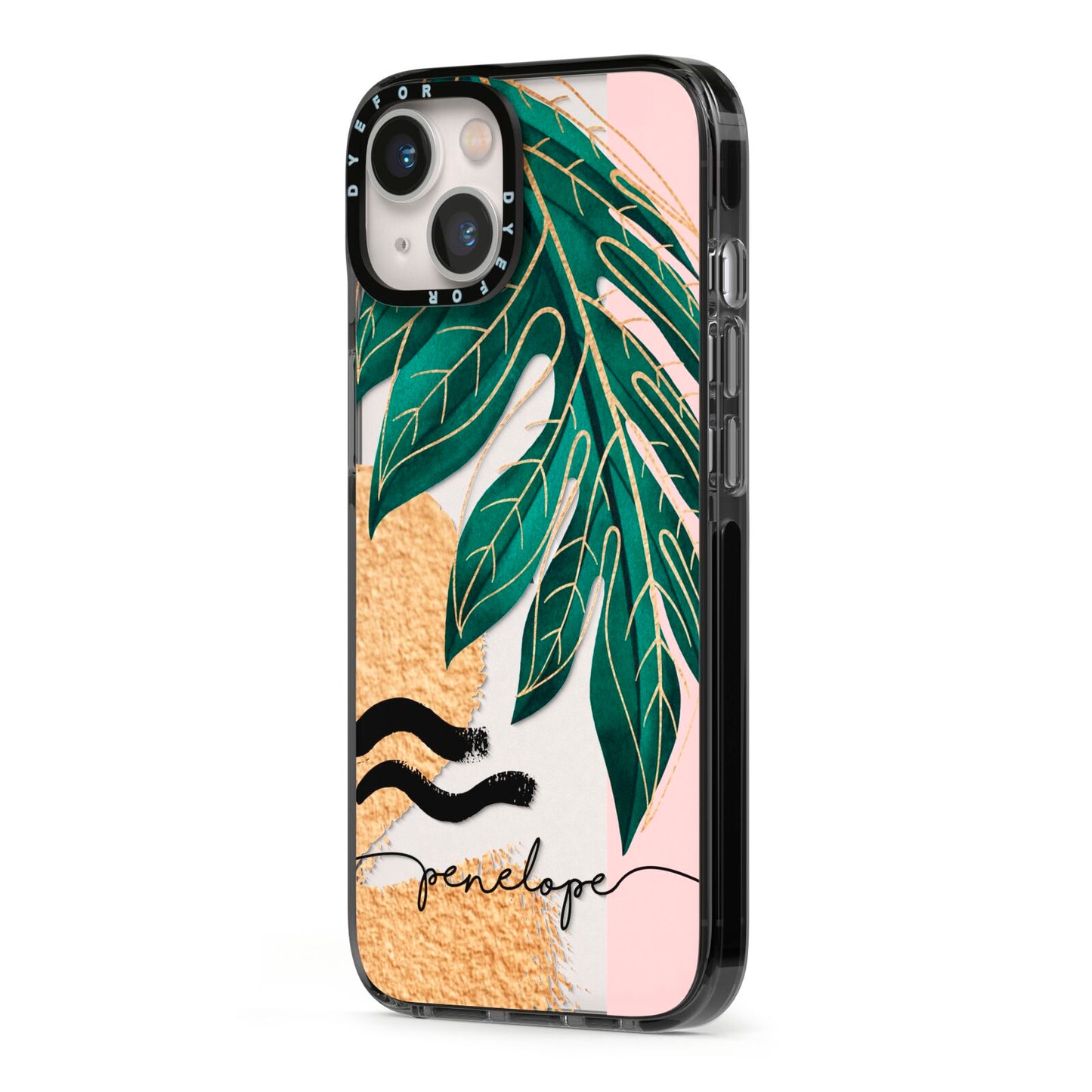 Personalised Golden Tropics iPhone 13 Black Impact Case Side Angle on Silver phone