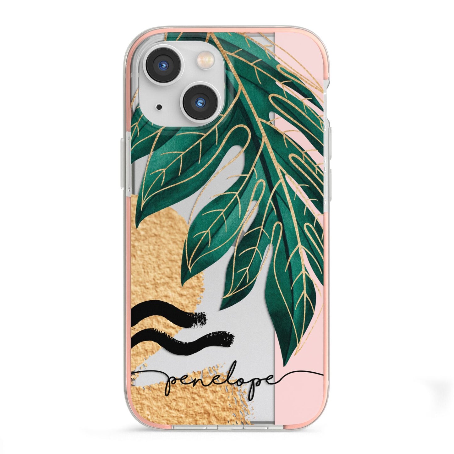 Personalised Golden Tropics iPhone 13 Mini TPU Impact Case with Pink Edges