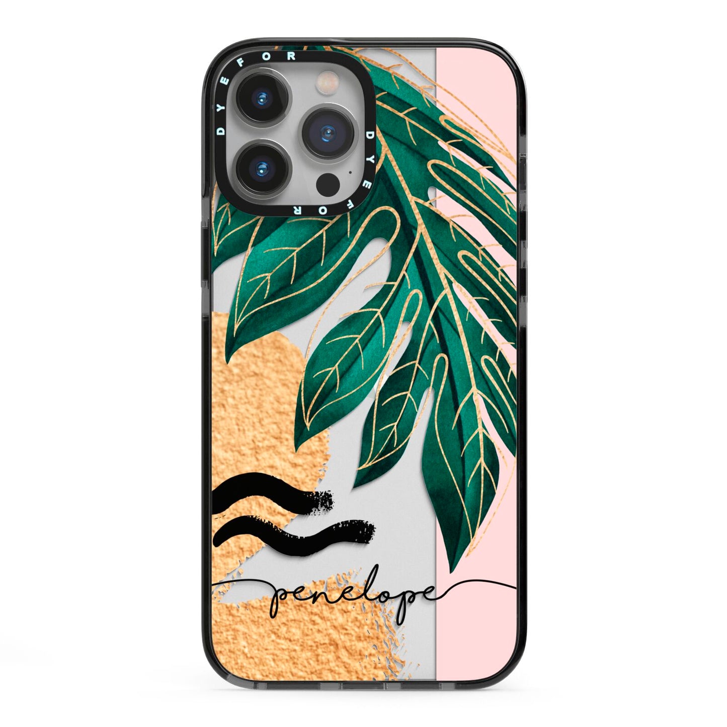 Personalised Golden Tropics iPhone 13 Pro Max Black Impact Case on Silver phone