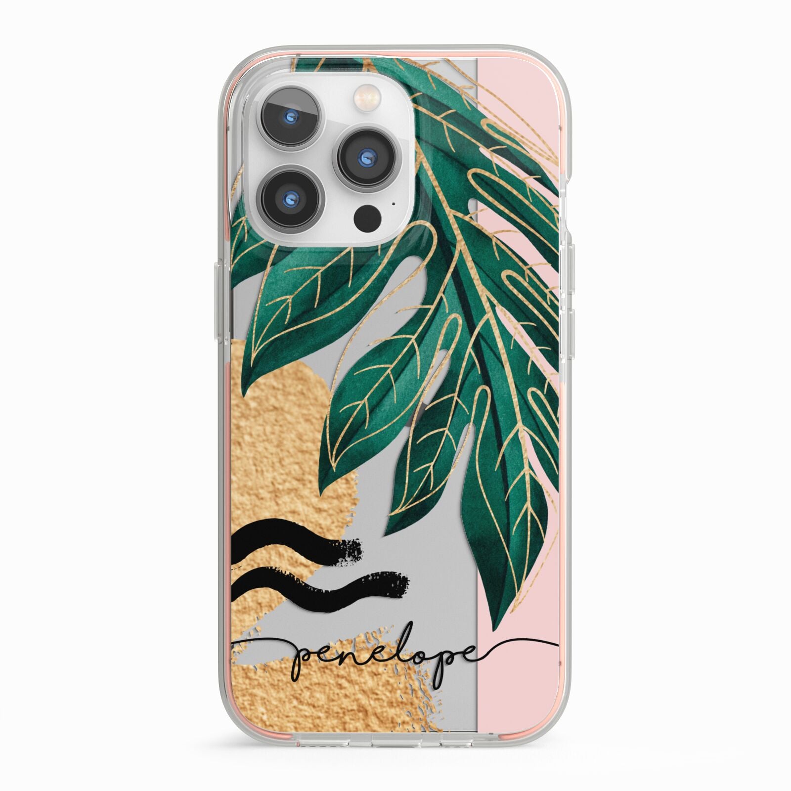 Personalised Golden Tropics iPhone 13 Pro TPU Impact Case with Pink Edges