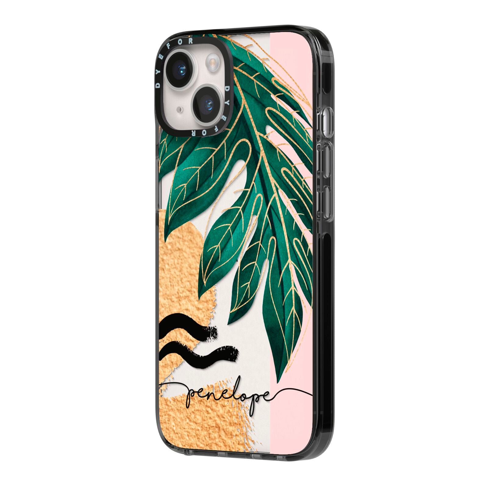 Personalised Golden Tropics iPhone 14 Black Impact Case Side Angle on Silver phone