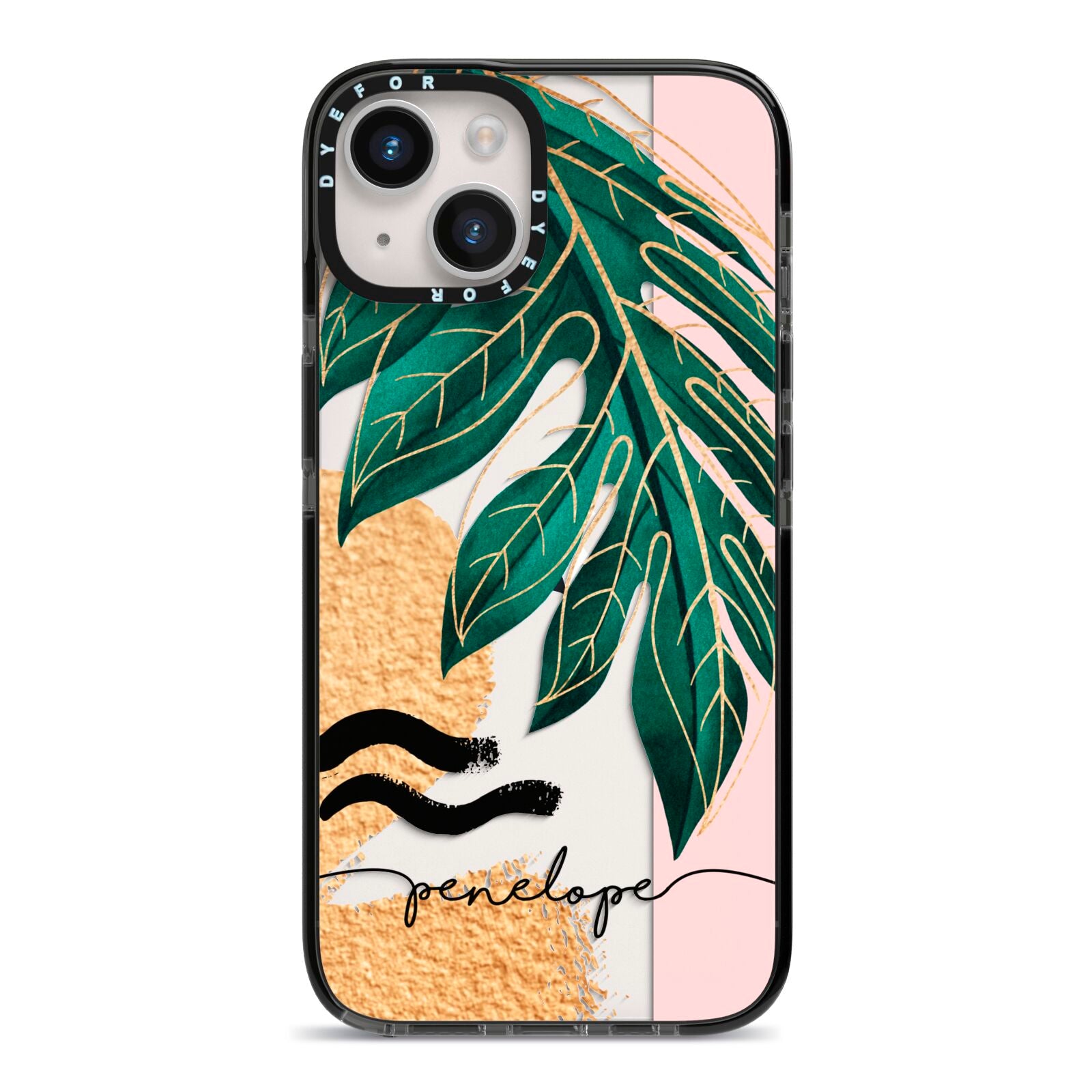 Personalised Golden Tropics iPhone 14 Black Impact Case on Silver phone