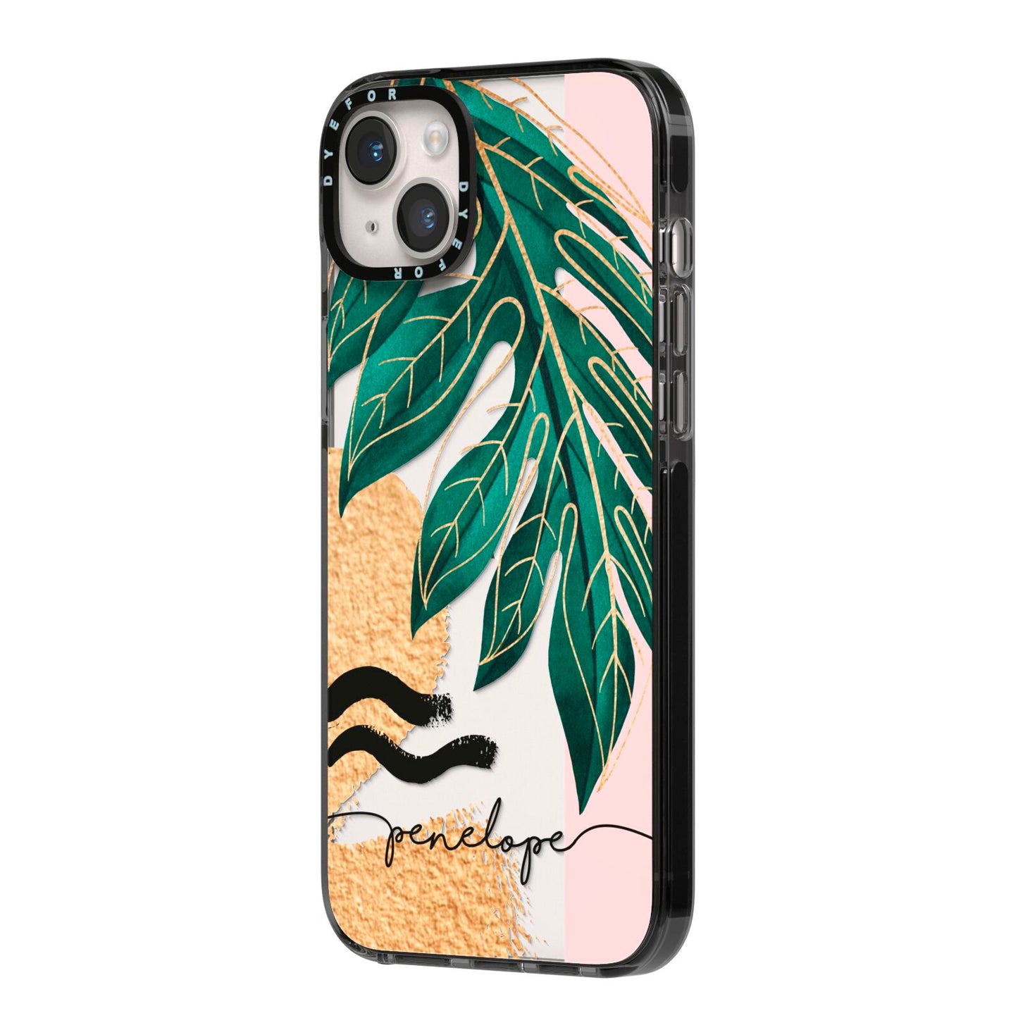 Personalised Golden Tropics iPhone 14 Plus Black Impact Case Side Angle on Silver phone