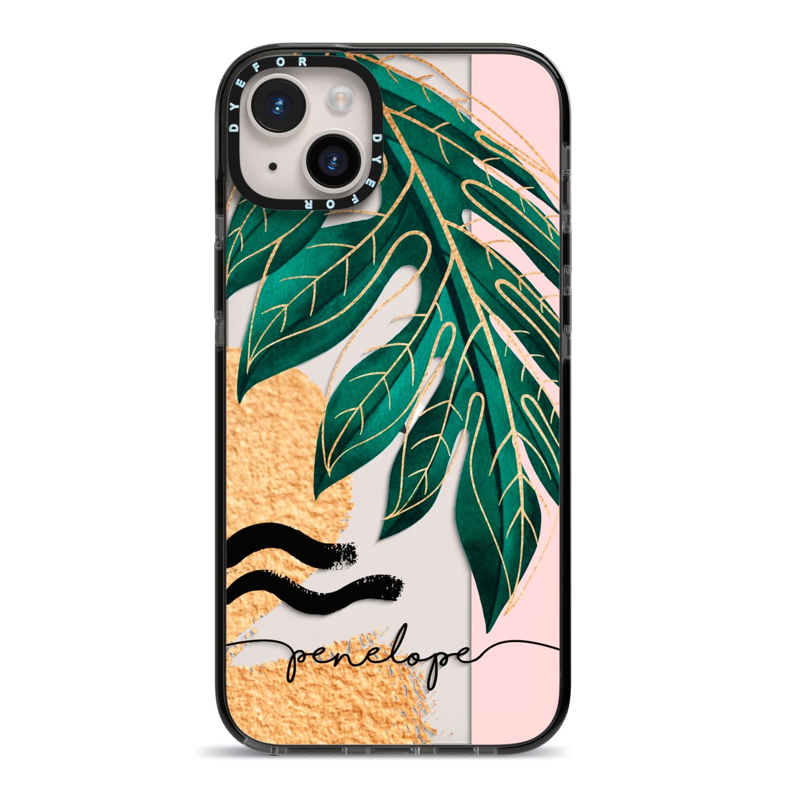 Personalised Golden Tropics iPhone 14 Plus Black Impact Case on Silver phone