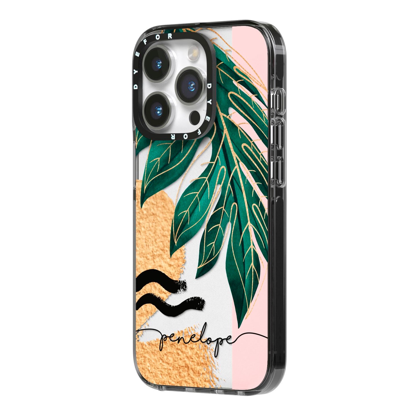 Personalised Golden Tropics iPhone 14 Pro Black Impact Case Side Angle on Silver phone