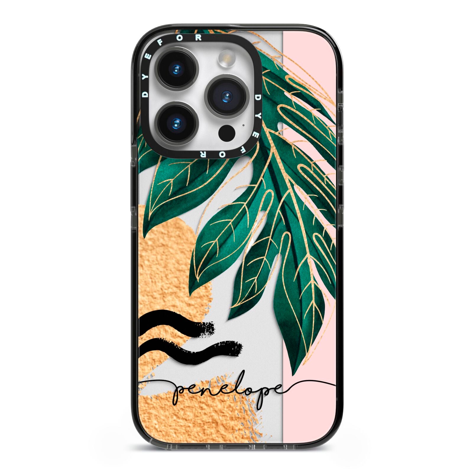 Personalised Golden Tropics iPhone 14 Pro Black Impact Case on Silver phone