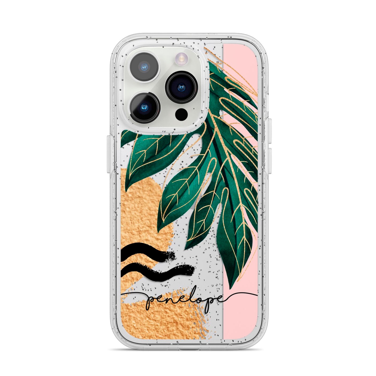 Personalised Golden Tropics iPhone 14 Pro Glitter Tough Case Silver