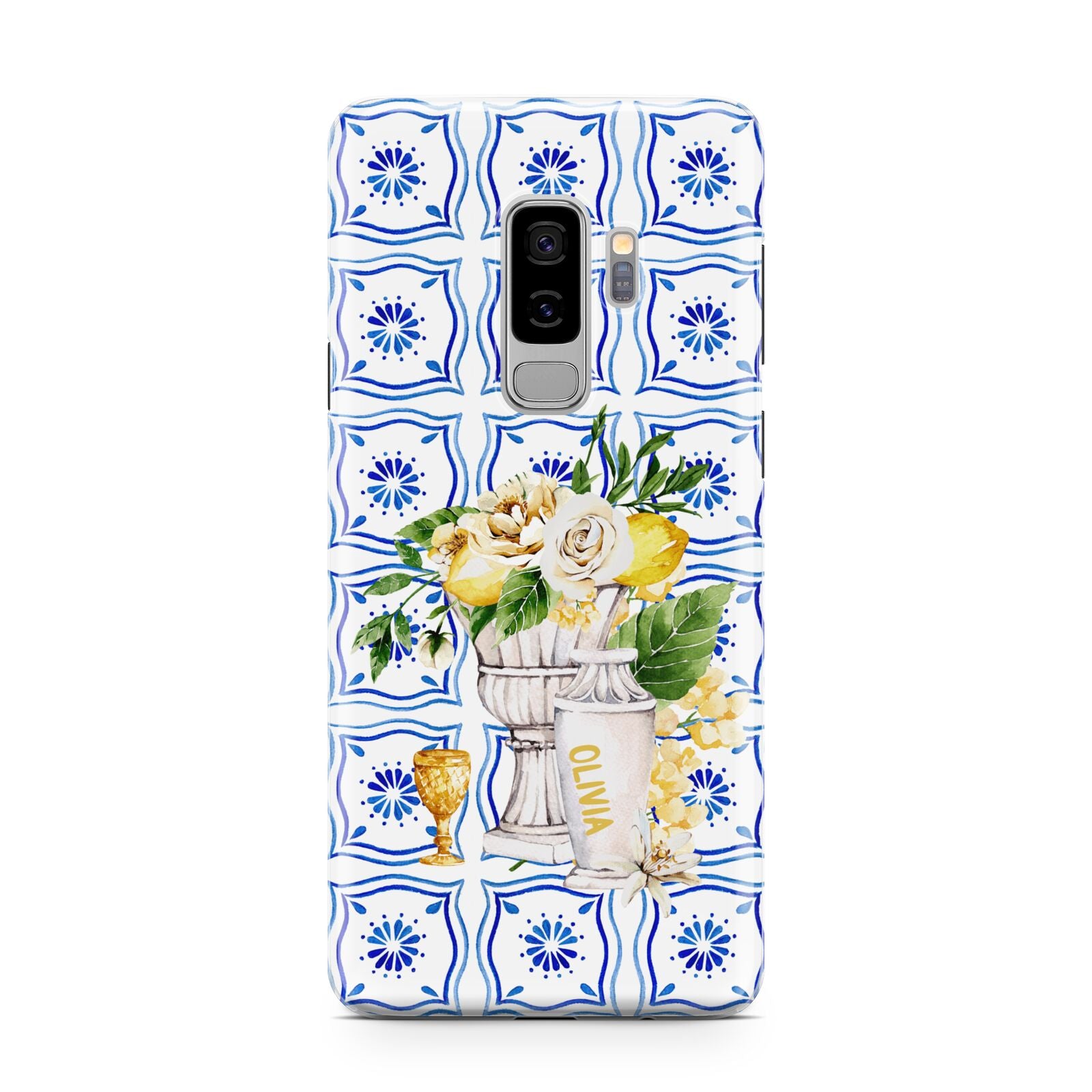 Personalised Greek Tiles Samsung Galaxy S9 Plus Case on Silver phone