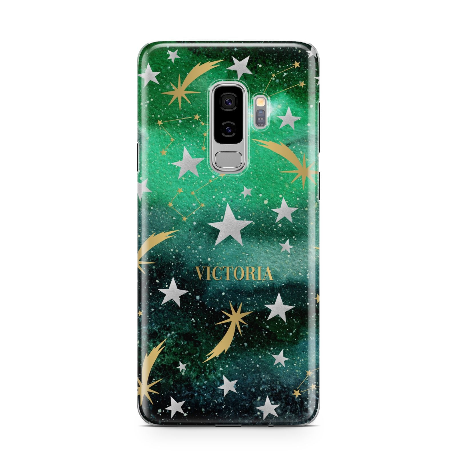 Personalised Green Cloud Stars Samsung Galaxy S9 Plus Case on Silver phone