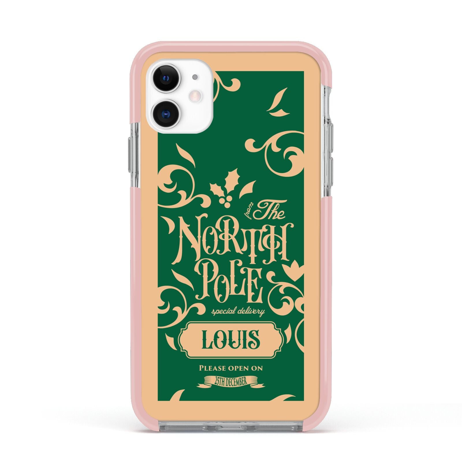 Personalised Green North Pole Apple iPhone 11 in White with Pink Impact Case