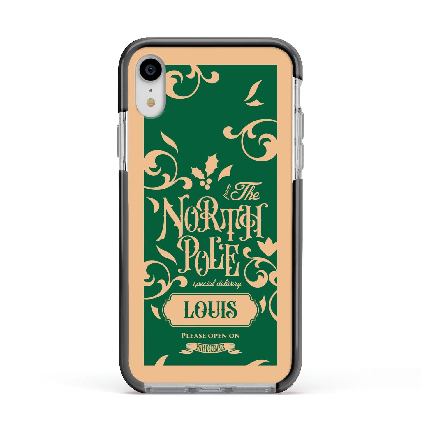 Personalised Green North Pole Apple iPhone XR Impact Case Black Edge on Silver Phone