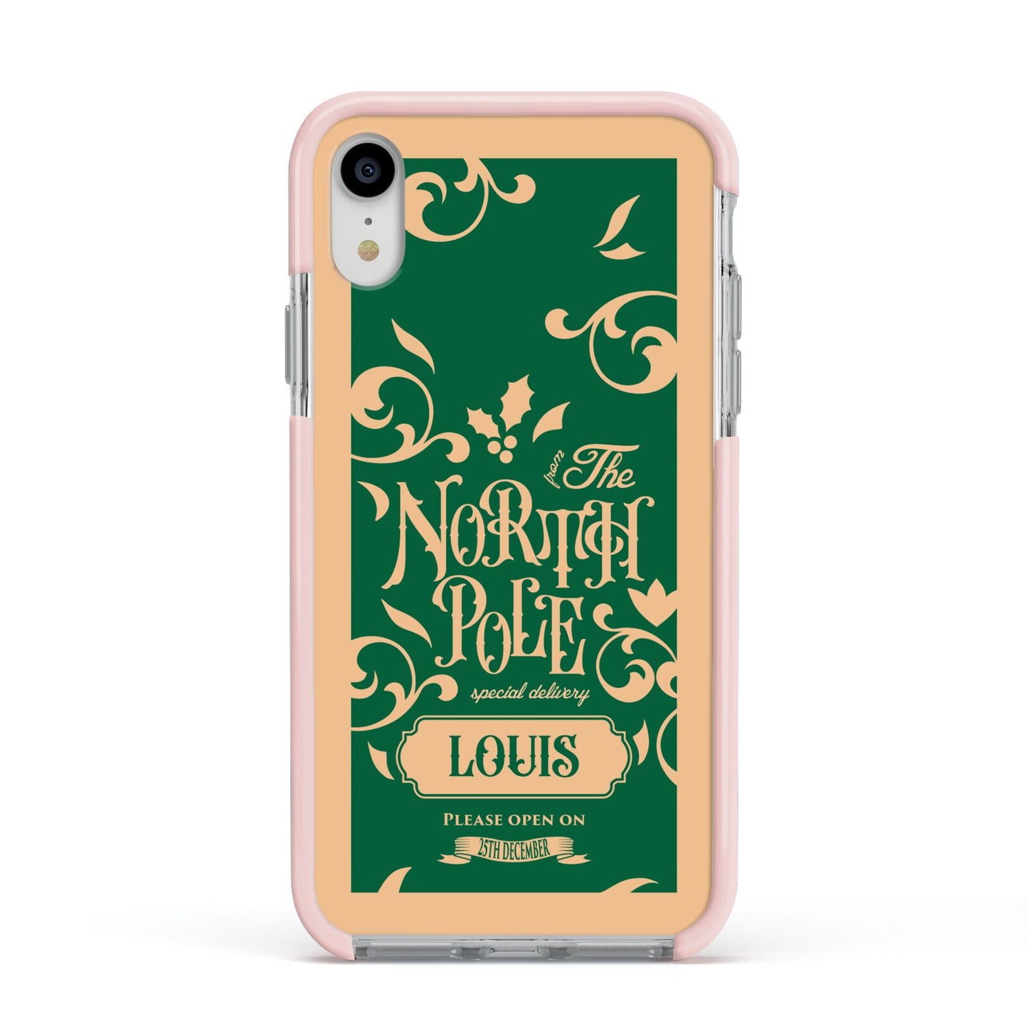 Personalised Green North Pole Apple iPhone XR Impact Case Pink Edge on Silver Phone