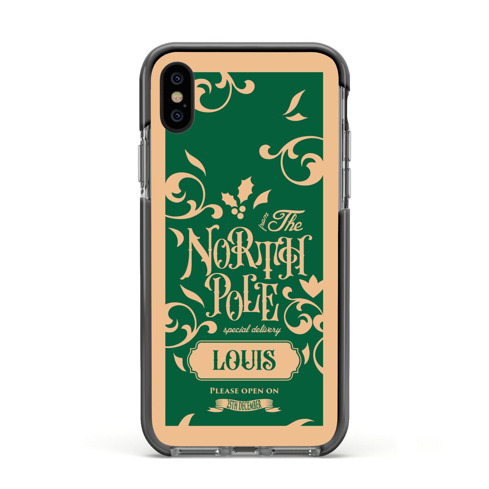 Personalised Green North Pole Apple iPhone Xs Impact Case Black Edge on Black Phone