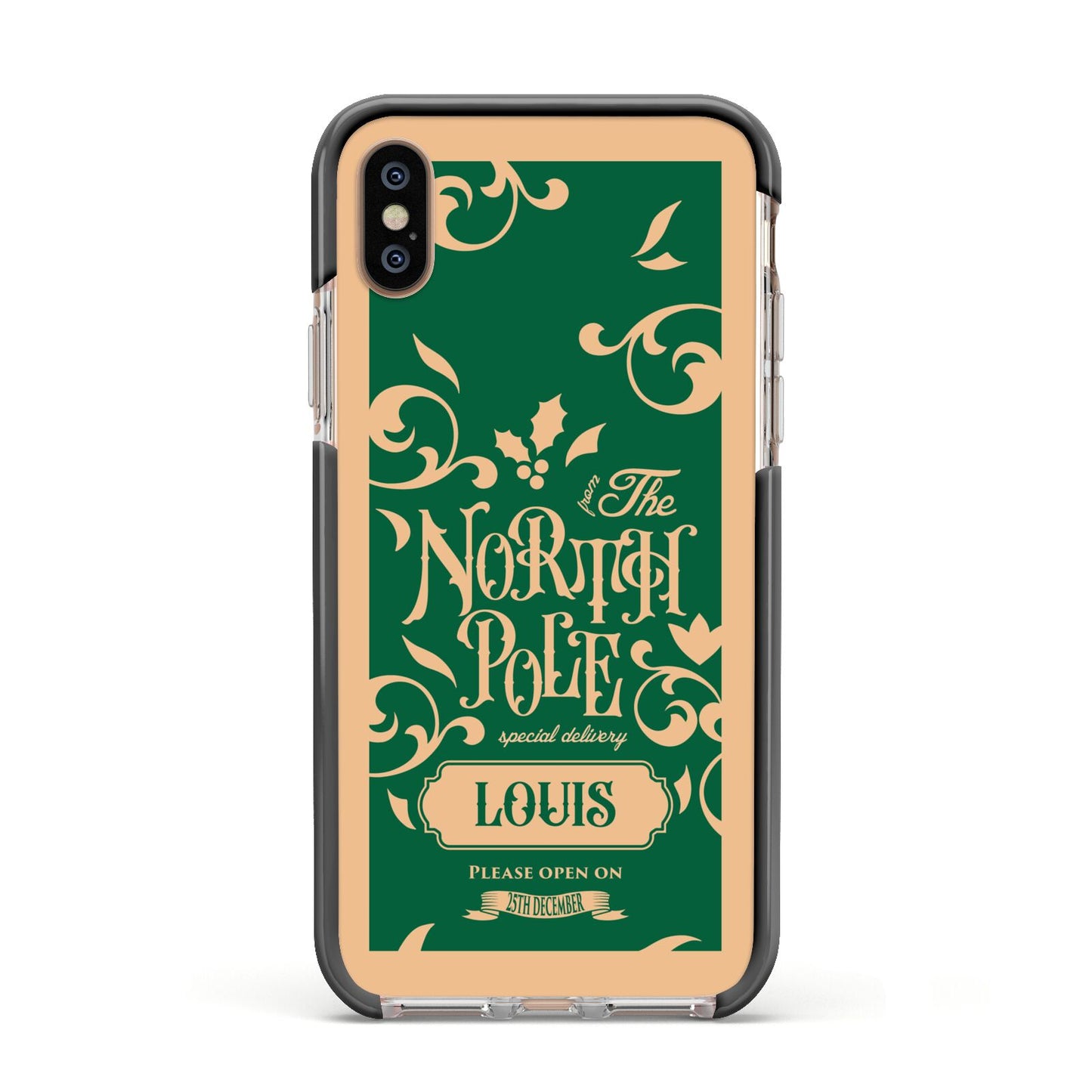 Personalised Green North Pole Apple iPhone Xs Impact Case Black Edge on Gold Phone