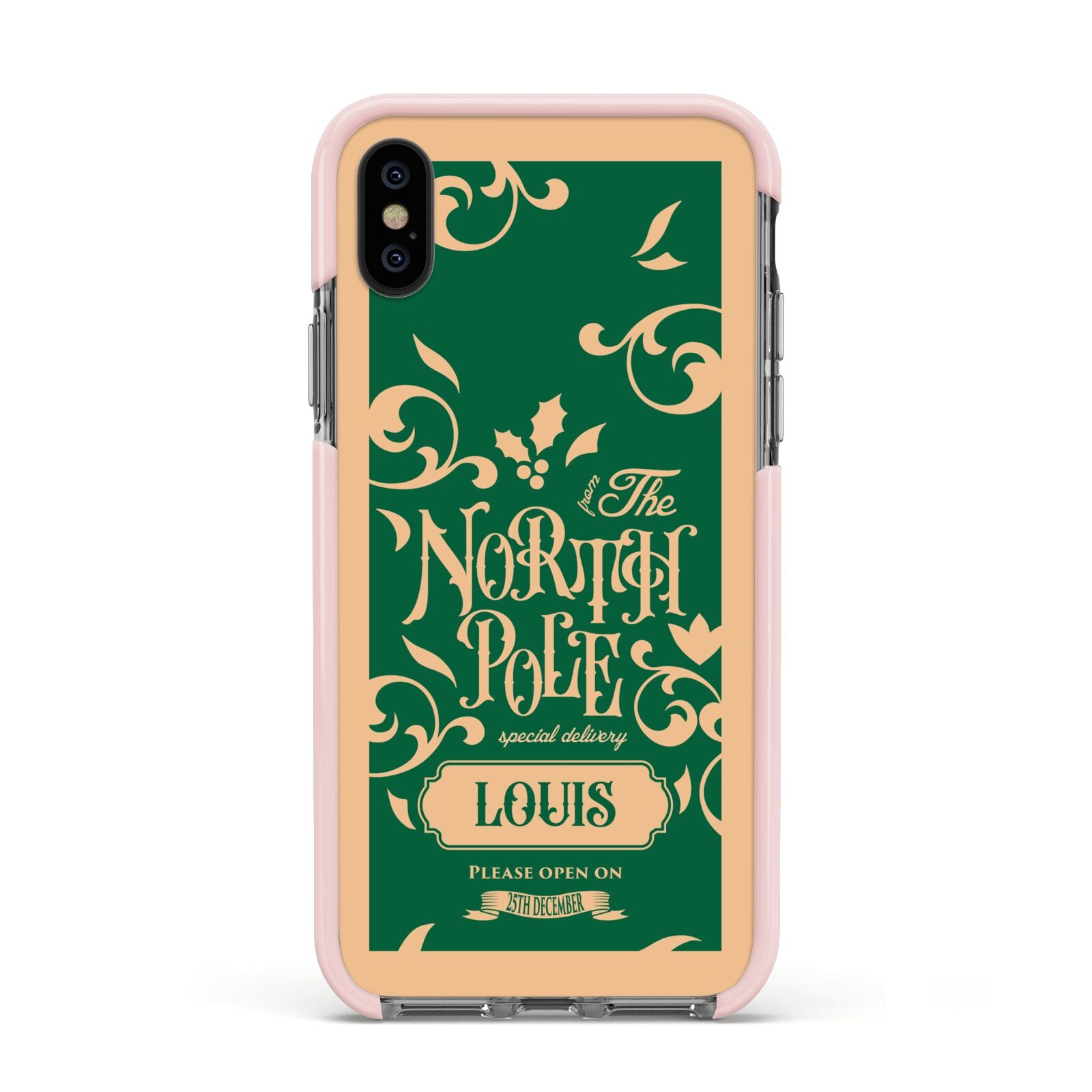 Personalised Green North Pole Apple iPhone Xs Impact Case Pink Edge on Black Phone