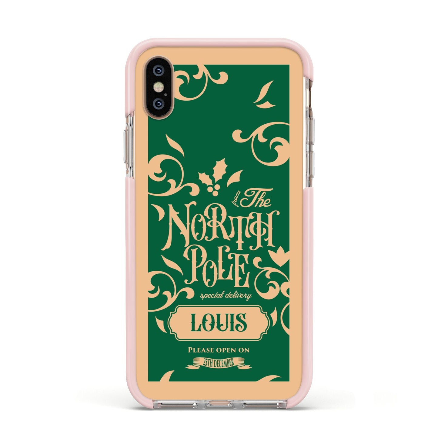 Personalised Green North Pole Apple iPhone Xs Impact Case Pink Edge on Gold Phone