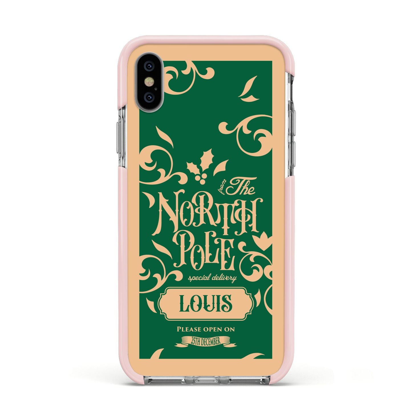 Personalised Green North Pole Apple iPhone Xs Impact Case Pink Edge on Silver Phone