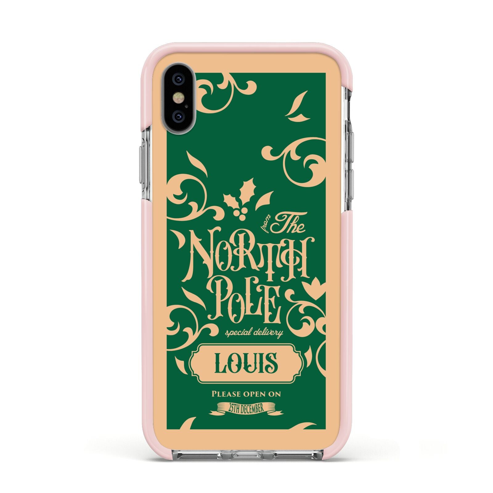 Personalised Green North Pole Apple iPhone Xs Impact Case Pink Edge on Silver Phone