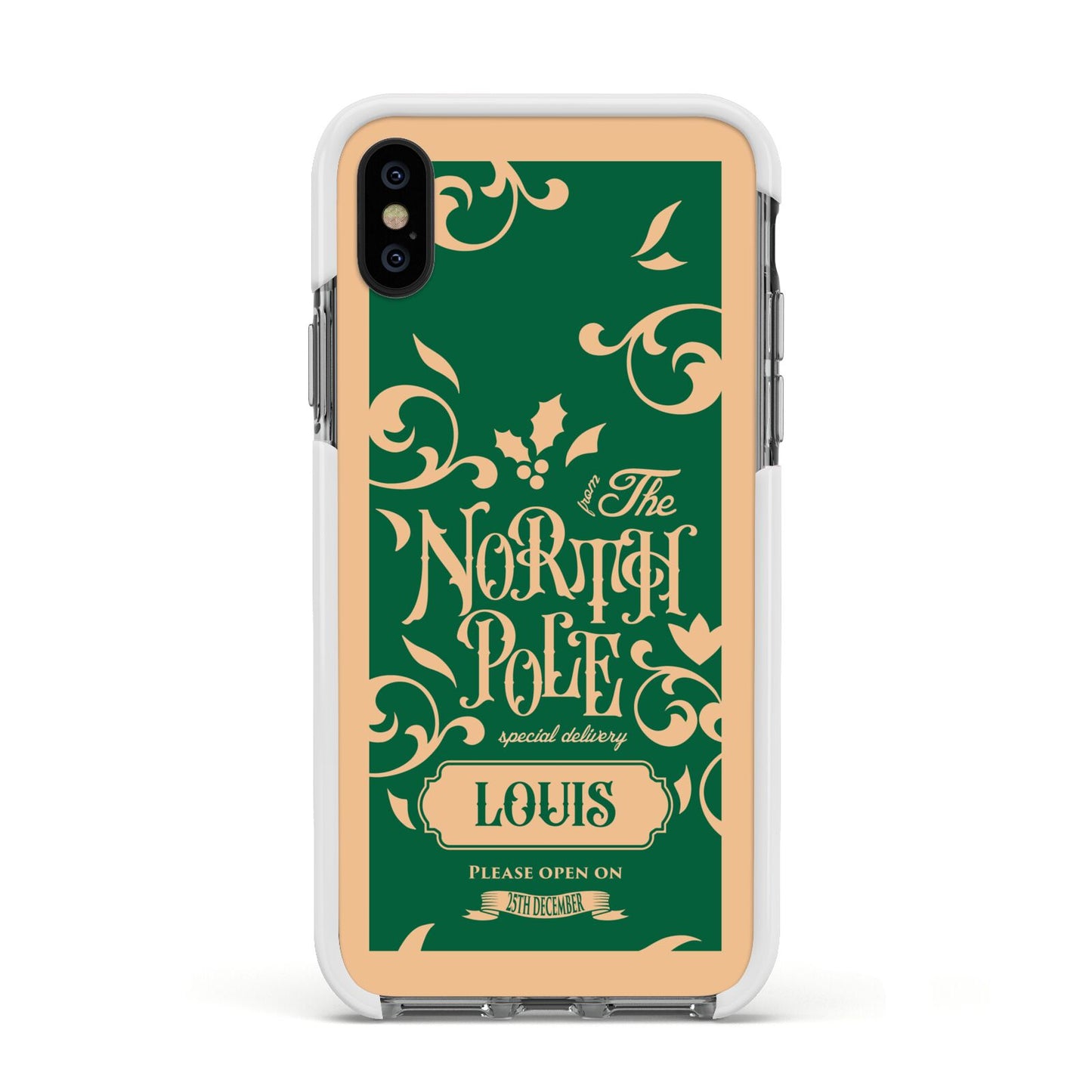 Personalised Green North Pole Apple iPhone Xs Impact Case White Edge on Black Phone