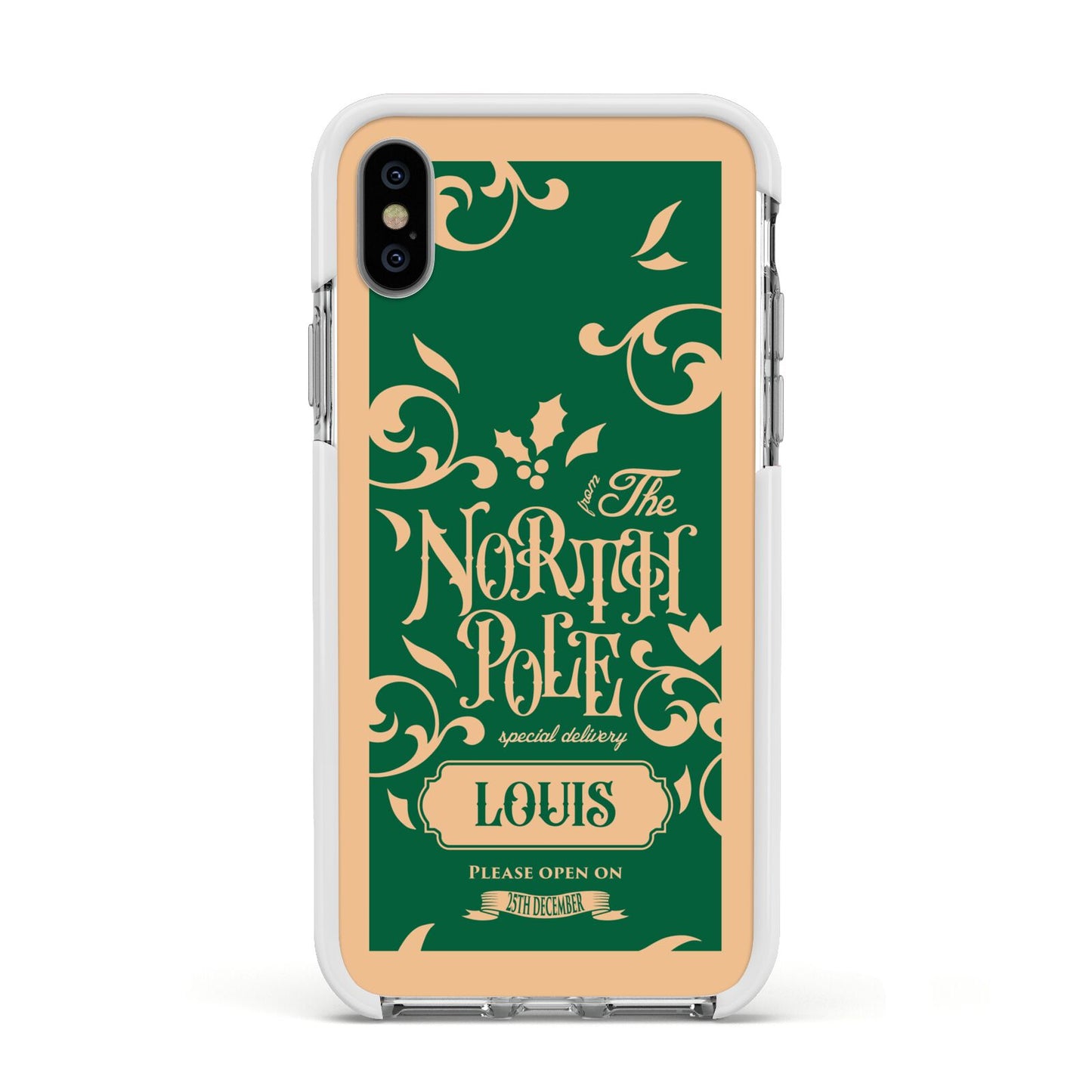 Personalised Green North Pole Apple iPhone Xs Impact Case White Edge on Silver Phone