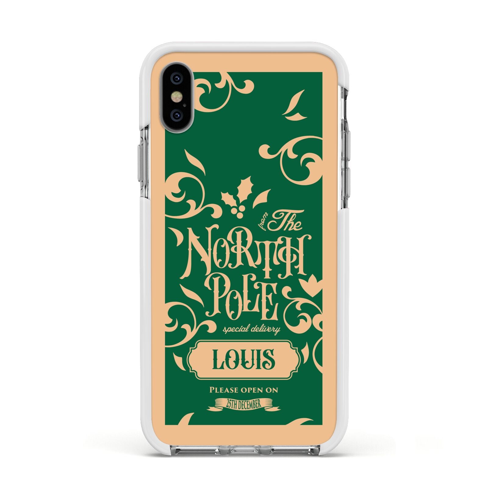 Personalised Green North Pole Apple iPhone Xs Impact Case White Edge on Silver Phone