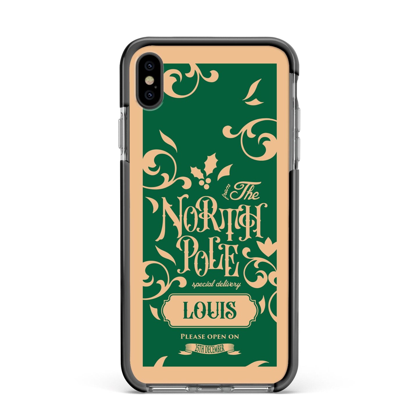 Personalised Green North Pole Apple iPhone Xs Max Impact Case Black Edge on Black Phone