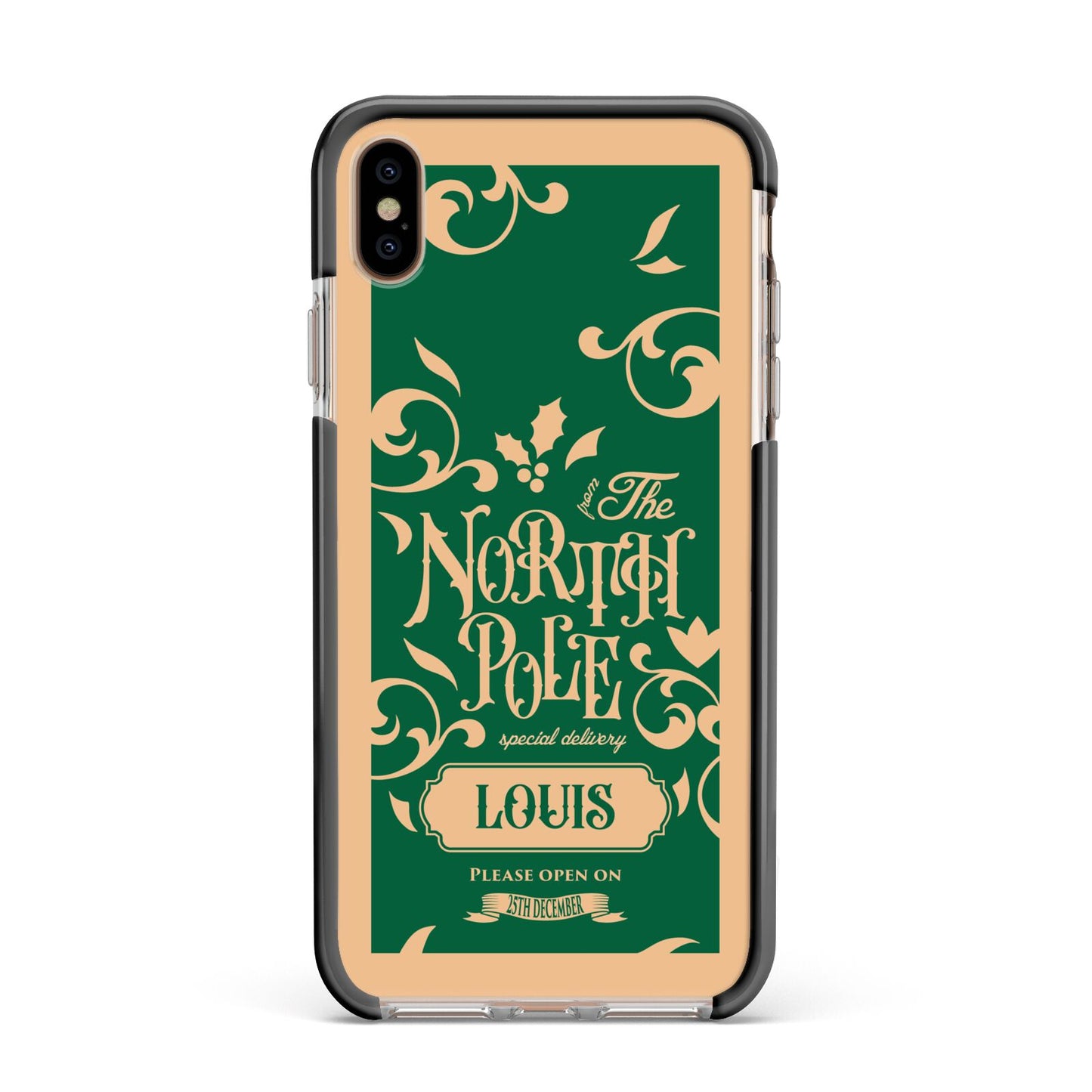 Personalised Green North Pole Apple iPhone Xs Max Impact Case Black Edge on Gold Phone