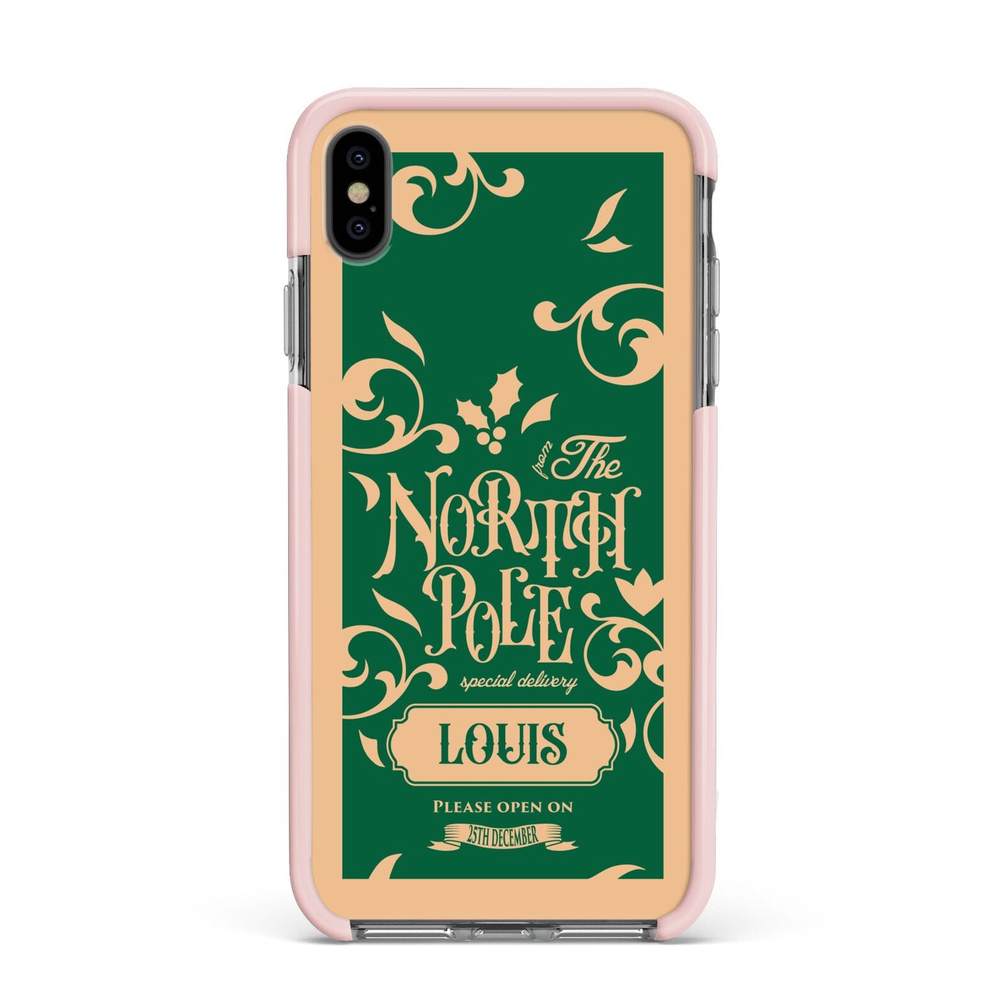 Personalised Green North Pole Apple iPhone Xs Max Impact Case Pink Edge on Black Phone