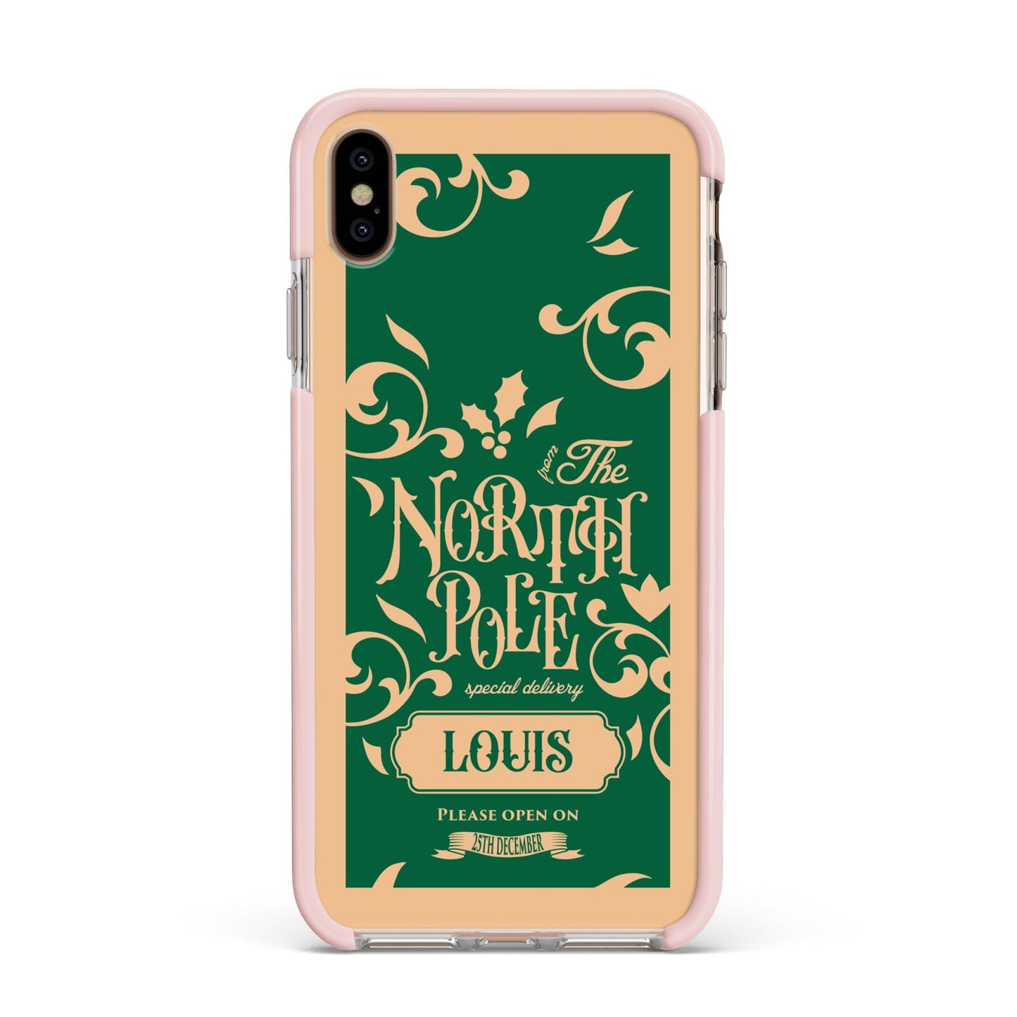 Personalised Green North Pole Apple iPhone Xs Max Impact Case Pink Edge on Gold Phone