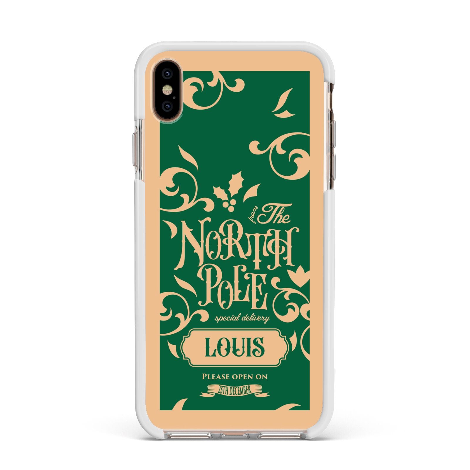 Personalised Green North Pole Apple iPhone Xs Max Impact Case White Edge on Gold Phone