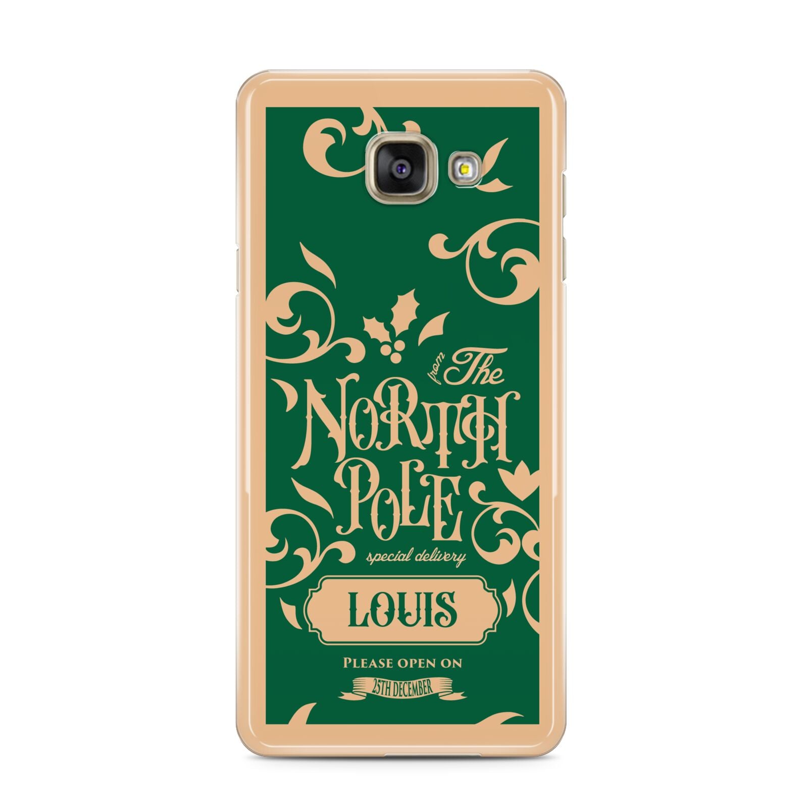 Personalised Green North Pole Samsung Galaxy A3 2016 Case on gold phone