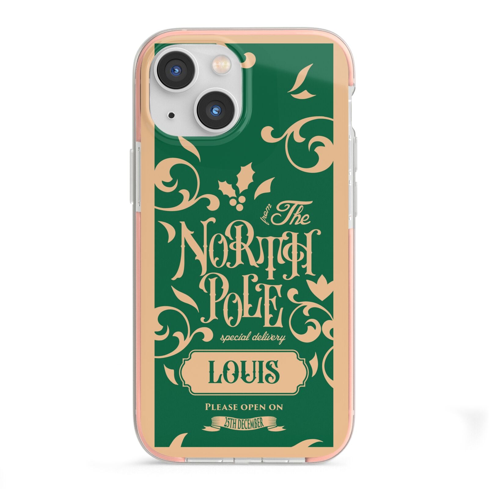 Personalised Green North Pole iPhone 13 Mini TPU Impact Case with Pink Edges