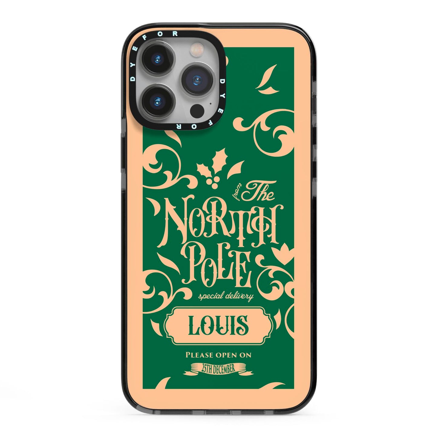 Personalised Green North Pole iPhone 13 Pro Max Black Impact Case on Silver phone