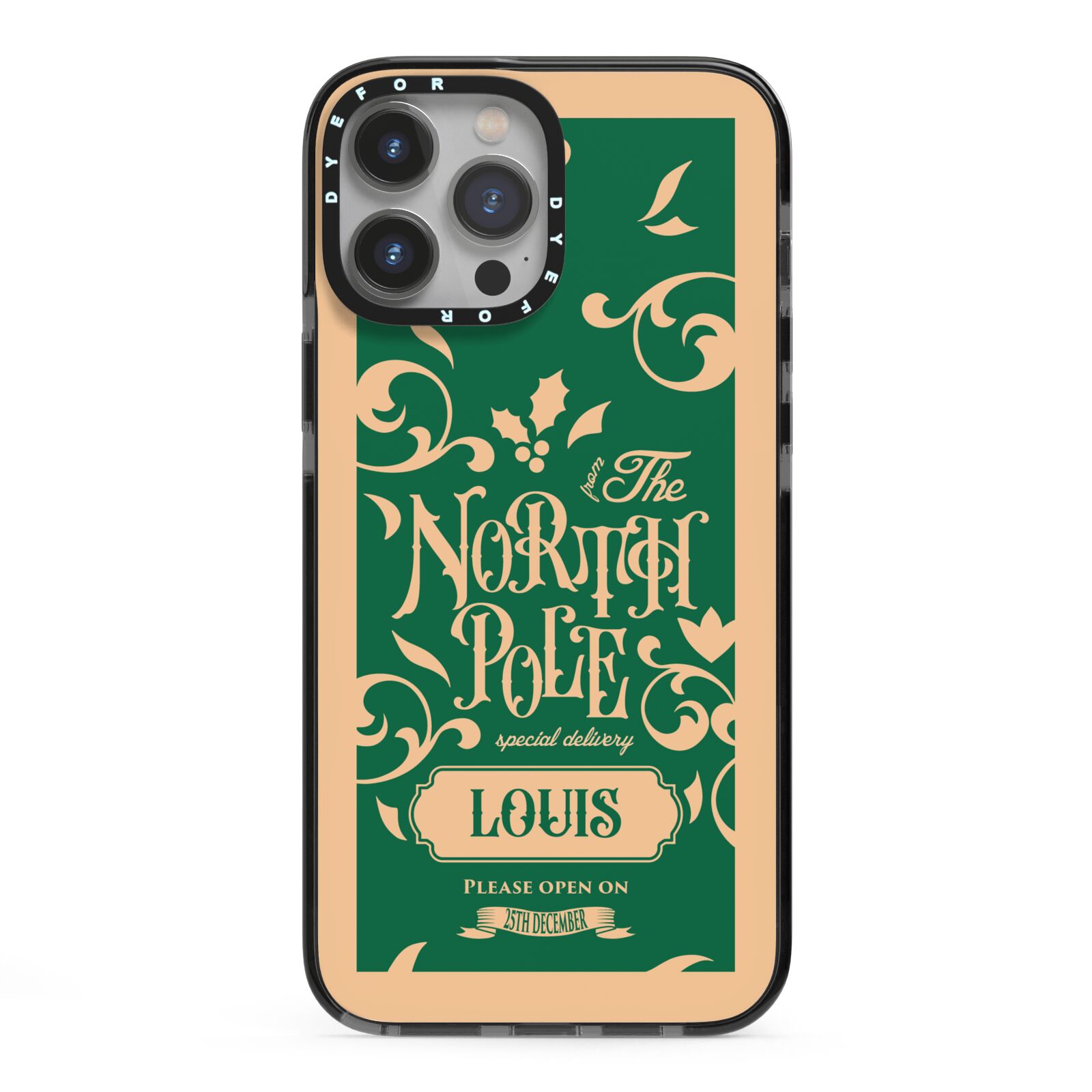 Personalised Green North Pole iPhone 13 Pro Max Black Impact Case on Silver phone